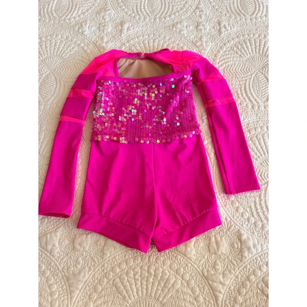 Weissman Little Girls Dance Recital Shorts Leotard Hot Neon Pink Sequins XSC